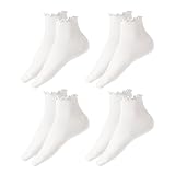 SLEEKEE Damen 4er Pack Einfarbige Gekräuselte Socken, Weiß, Medium, Knöchelhoch, Rutschfest, Sportlich, Modern, Baumwolle, Geschlossene Kappe, Knöchellang, Handwäsche