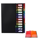 Dokumentenmappe A4, 24 Taschen Tragbar Fächermappe mit 12 Fächern, PP Kunststoff Bunte Wasserdicht Ordnungsmappe, Pultordner mit Gummizug für Urkunden Karteikarten Büro & Schule