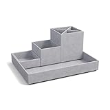 BIGSO LENA Schreibtisch Organizer für Stifte, Büroklammern, Haftnotizen usw. – Sortierkasten mit 4 Fächern – Ordnungssystem aus Faserplatte und Papier in Leinenoptik – hellgrau