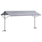 vidaXL Freistehende Markise, Gartenmarkise Einziehbar, Standmarkise für Garten Terrasse Balkon, Sonnenschutz, Blau Weiß Stoff Stahl