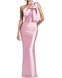 WSEYU Einschultriges Ballkleid mit Schleife, Satin, Cocktailkleid, lang, figurbetont, für die Brautmutter, rose, 54 Plus