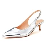 GENSHUO Slingback Pumps für Damen Elegante Kitten Heel Schuhe 5 cm/1,97 Zoll Spitze Lack High Heels mit Geschlossenen Zehen Absatzschuhe für Abend Hochzeit Büro, Silbernes Lackleder, 41 EU