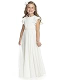 Aibaowedding Boho Lange Kinder Chiffon Kleid mit Binde Gürtel und Kurzen Butterfly-Ärmeln/Vintage Chic A-Linie Kommunionkleider Brautjungfern Kleider Blumenmädchenkleider für Mädchen(Weiß,8)