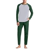 Duohropke Schlafanzug Herren Lang Pyjama Baumwolle Zweiteiliges Nightwear Set Rundhals Oberteil und Pyjamahose mit Tasche Männer Hausanzug Sleepwear Nachtwäsche