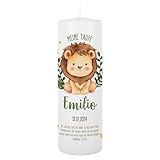Striefchen® Taufkerze 250/80 mm mit Tiermotiven und Aufdruck des Namen und Datum sowie Taufspruch (Löwe)