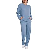 Schlafanzug Damen Lang Winter Damen Hausanzug 2-Teilig, Pyjama Waffel Loungewear Einfarbig Zweiteiler Set Baggy Nachthemd Hoodie Und Hose Bequeme Sleepwear Herbst Winter Nachtwäsche Schlafshirt
