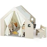 DREAMADE Kinderzelt für Drinnen mit Matte und Kindertisch & Stuhl Set und Aufbewahtungsbox, Spielzelt Kinderspielhaus, Indoor Spielhaus aus Holz für Kinder ab 2 Jahren (Klein mit 1 Box)
