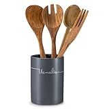 KHG Utensilienhalter Küche Keramik Steingut poliert, Küchen Utensilienhalter Anthrazit Grau mit Beschriftung, Kapazität für ca. 8 Küchenhelfern, Küchen Halter rund Höhe 14 cm & 10,5 cm