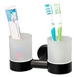 bremermann Bad-Serie Piazza Black - Doppel-Glasbecherhalter, Zahnputzbecherhalter inkl. Wandhalterung, Becherhalter - Zahnbürstenhalter, aus satiniertem Glas und Edelstahl matt schwarz