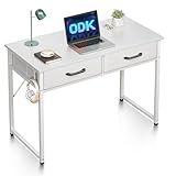 ODK Schreibtisch mit 2 Schubladen, Klein Schreibtisch mit Kopfhörer Halter, Bürotisch PC Tisch Officetisch für Büro, Wohnzimmer, Home Office (Weiß, 100x40x78.7cm)