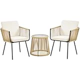 Yaheetech 3TLG. Rattan Balkonset, Gartenmöbel Set inkl. 2 Stühle mit 6cm Dick Sitz- und Rückenkissen & 1 Tisch mit 5mm Dick Hartglasplatte, Gartensitzgruppe für Balkon Outdoor, Hellbraun/Cremeweiß