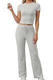 Soamat 2-teiliges Lounge-Set für Damen, lässige Sommer-Outfits, kurzärmelig, bauchfreies Oberteil und Yogahose mit geradem Bein und Kordelzug, GRAU, Large