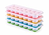 Silikon Eiswürfelform mit Deckel BPA Frei, 4 Pack Eiswürfelbehälter Stapelbar, Sichere Gesunde Eiswürfel Form für Babybrei Cocktail Whiskey Kaffee (Blau+Grün+Rosa+Gelb)