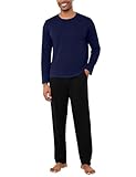 Bresdk Schlafanzug Herren Langarm Pyjama Baumwolle Runder Ausschnitt Winter Nachtwäsche mit Pyjama Hose Lang Marineblau M