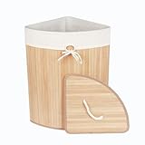 NUXIO Eckwäschekorb aus Bambus ARCO – 60 L Wäschekorb mit Deckel – Wäschebehälter mit Wäschesack 35 × 35 × 60 cm