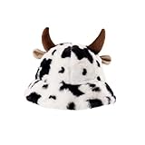 Generisch Baumwolle Fischerhut mit Kuh Horn, Kuh Druck Damen Sonnenhut Mode Hut Warme Fischerbecken Kopfumfang 56-60cm,Faltbar Wanderhut Gartenhut Anglerhut L