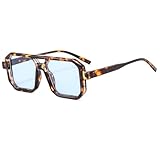 Long Keeper Retro Pilot Sonnenbrille Herren Damen 70er Jahre Flache Vintage Quadratische Doppel Brücken UV400 Schutz (Leopard Blau)