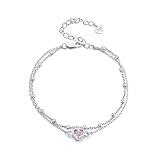 Kerraom Damen Herz Armband 925er Silber Doppelkette mit Rosa Liebe für Frauen, Doppel Armkette mit Kugel Schmuck Silberarmband Geburtstag Geschenk Mutter Ehefrau Freundin Verstellbarer