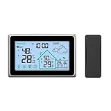 Wetterthermometer, Drahtlose Wetterstation, Touch-LCD, digitale DCF-Wanduhr, Innen-/Außenthermometer, Hygrometer, Trend-Komfort-Vorhersage-Sensor(Noir)