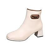 Damen-Stiefel, hohe Absätze, quadratische Spitze, kurze Stiefel aus Kunstleder, britischer Stil, elegant, rutschfest, leicht, Damenschuhe, Herbst, Winter, beige, 40 EU