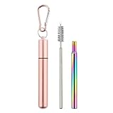 Wiederverwendbare Strohhalme mit Etui - Faltbares Edelstahl-Design, Teleskoplänge, umweltfreundlich und, leicht zu reinigen, Bürste und Karabiner | Trinkhalm-Set für Schule, Picknick, Reisen
