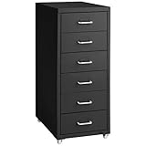 tectake® Metall Rollcontainer, Büromöbel für Schreibtisch, Büro Organizer mit 6 Schubladen, Schubladenschrank 41x28x69 cm - schwarz