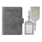 YUNPYCHY Reisepasshülle, Reisepass Organizer, Passport Cover, PU-Leder Reisepasshülle + 2PCS Kofferanhänger, für Damen und Herren Urlaub Zubehör Travel Essentials (Gray)