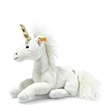 Steiff Unica Schlenker Einhorn weiß liegend 27 cm, Soft Cuddly Friends, Kuscheltier Einhorn, Plüschtier mit Granulatsäckchen in Hufen und Bauch für ein tolles Fühlerlebnis, Plüsch Stofftier