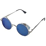 Beelooom Steampunk Runde Metall Sonnenbrille Retro Vintage Brille (Silber-Rahmen Blau)