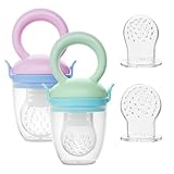 Vicloon Fruchtsauger Baby, 2 Stück Schnuller Beißring mit Silikon Sauger in 2 Größen, BPA-frei, Gemüse Sauger Obst Gemüse Baby Essen Beikost - Rosa+Grün