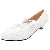 Jamron Damen Elegant Spitzenbesatz 3CM Absatz Weiß Hochzeitsschuhe Pumps mit Perlen SN070427 EU40