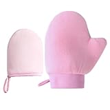 WeddHuis 2 Pcs Selbstbräunungshandschuh mit Daumen Gesicht Körper sonnenlos mit Applikator Samt doppelseitig Lotion Mousse verhindert fleckige Hände wiederverwendbar (Rosa)