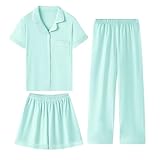 QZH.DUAO Mädchen-Schlafanzug-Set, 100 % Baumwolle, Knopfleiste, kurze Ärmel, lange Hose mit Shorts, Nachtwäsche für Alter 5–14 Jahre, 3-teilig, Mintgrün, 7-8 Jahre