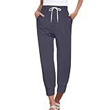 Baumwoll-Leinen-Hose mit Taschen für Damen, locker, lang, schmales Bein, täglich, elastische Taille, gerade, einfarbig, Freizeithose, lässige Sommerhose mit Kordelzug, navy, 3XL