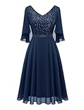 Dressystar Damen Elegant Cocktailkleid V-Ausschnitt Spitzenkleid Pailletten Knielang Partykleider Chiffon Federmausärmel Marineblau L