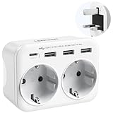 LENCENT Reiseadapter UK Deutschland Stecker, Typ G Steckdose, Reisestecker mit 1 USB-C&3 USB-A Ports, Doppelte EU Schuko auf UK für England, Großbritannien, Schottland, Irland, Malediven Stckdosen