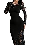 SweatyRocks Damen Spitzenkleid Elegant MaxiKleid mit Spitze Rundhals Langarm Partykleid Bodycon Kleid mit Fischschwanz Kleider Schwarz M
