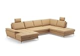 Cavadore Wohnlandschaft Castiel mit Federkern / Sofalandschaft mit XL-Longchair, Bett, Bettkasten, Sitztiefenverstellung, Kopfstützen und Metallfüßen / 363 x 89-104 x 223 / Echtleder, Beige