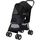 Haustierwagen Klein Einstellbar Atmungsaktiv Hundekinderwagen, Tragbarer, Faltbarer Katzenkinderwagen Mit Bremsvorrichtung, Tragkraft 15 Kg/33,1 Pfund(Color:Schwarz)