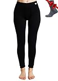Merinowolle Thermounterwäsche Damen - Merino Unterhose Damen Merino Leggings + Wollsocken (Medium, Black)