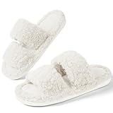 OFFCUP Plüsch Hausschuhe Damen, Plüsch Pantoffeln Winter Slides, Gemütliche Damen Hausschuhe Offene Zehenpartie Warme Pantoffeln Damen Pelzige Flache Slippers Trendig für Drinnen und Draußen