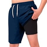 MEILONGER Jungen-Badehose, 2-in-1-Badeanzug für Kinder, schnell trocknende Board-Shorts, Badebekleidung mit Kompressionsfutter, 21001 + Marineblau, 14-16