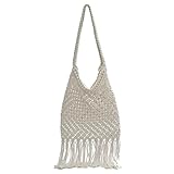 XPJYUA Tassel-Tasche Gewebte Tasche for Frauen Quaste Schultertaschen Damen Casual Reise Handtasche Einfarbig Mesh Taschen(White)