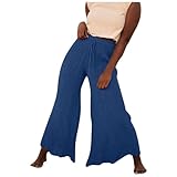 Sommerhose Damen Leicht Luftige Leinenhose Gestreift Sommer Lang Lässig Weite Stoffhose Elegant Plissee Strandhose Bequeme Lockere Plisseehose High Waist Leichte Hosen Joggpants