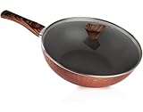 GGC Wok Pfanne 32cm mit Deckel und abnehmbarem Stiel-Griff in Holzoptik I Induktion I Ø32 Wok mit Antihaftbeschichtung, 4,7L I Induktionspfanne I Profi Bratpfanne aus Aluguss