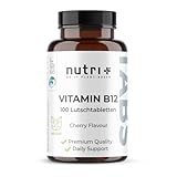 Nutri + Vitamin B12 Lutschtabletten 500µg (mcg) vegan & hochdosiert - aktives Methylcobalamin - 100 vegane Tabletten zum Lutschen - Geschmack Kirsche