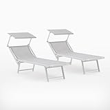 SIEDITI FUORI E DENTRO Set mit 2 Sonnenliegen aus Aluminium und Textilene, faltbar, für Pool, Strand oder Garten, mit Dach (hellgrau)