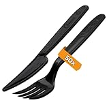 Wiederverwendbares Plastikbesteck schwarz | MEHRWEG Campingbesteck | PREMIUM Reisebesteck | robustes Outdoor Besteck (Set - 50 Gabel + 50 Messer)