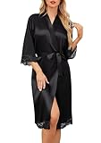 Sopesil Damen Satin Bademantel Unisex Morgenmantel Seide Leicht Kimono Bride V-Ausschnitt Morgenmantel für Spa Haus und Hotel, Schwarz, L
