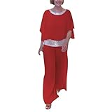 QJDFLL Damen Zweiteiler, einfarbig, Rundhalsausschnitt, Pailletten, Farbblock, Fledermaushemd, weites Bein, Hose(RD2,S)